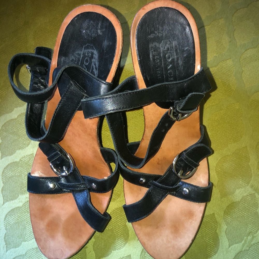 Coach Black Leather Wedge Sandals Size 9M